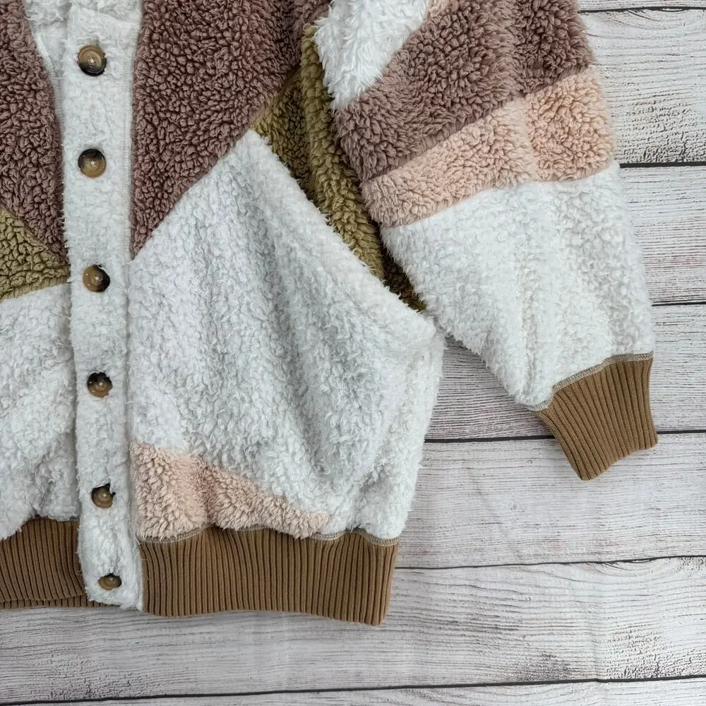 Free People Selma Cardi Colorblock Sherpa Cardigan Sweater Womens L‎ White Brown
